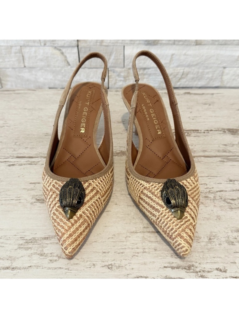 Kurt Geiger London Belgravia Slingback Raffia Woven Heels Beige Combo Size 36 EU - Picture 4 of 15